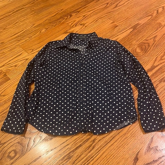 Lauren Ralph Lauren Woman’s Navy Polka Dot Button Down Size L - Picture 1 of 4